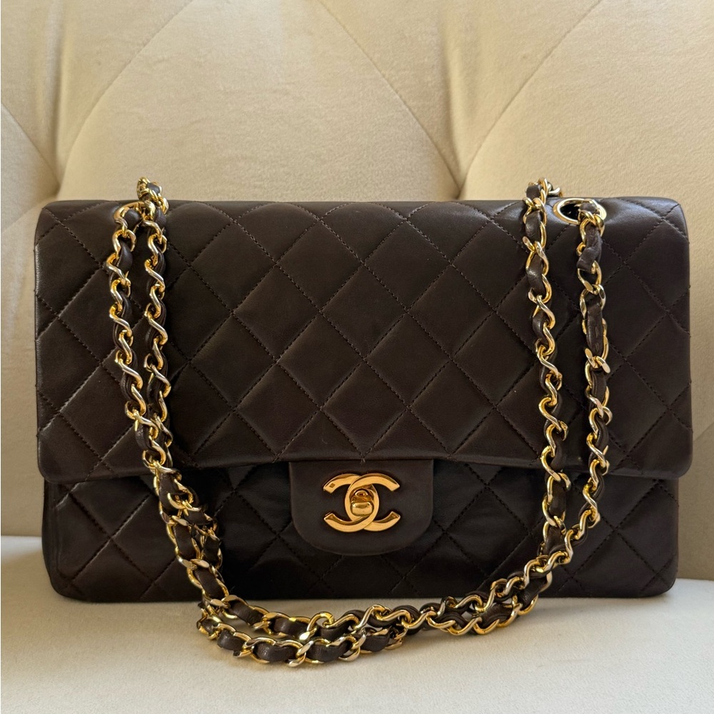 Rare🤎Chanel Classic Double Flap Brown Quilted Lambskin within 24K Gold Plated - Picture 3 of 16